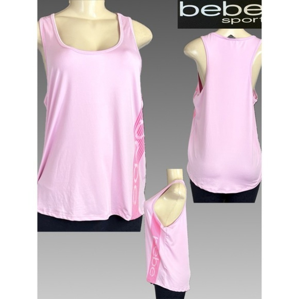 Bebe Sport L Pink Lilac Side Logo Striped Scoop Neckline Racerback Tank Top